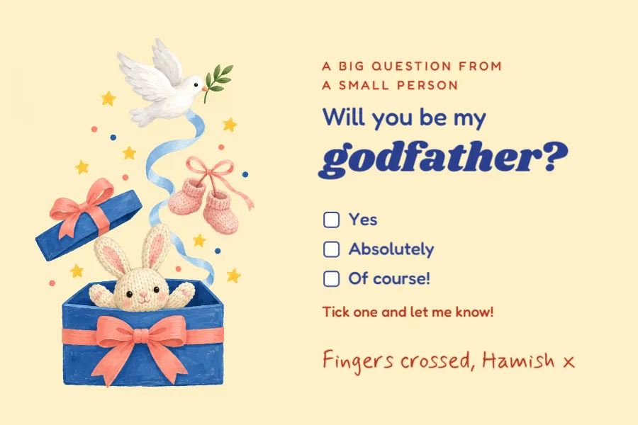 Gift box surprise – godparent proposal tick-box card: printable design preview