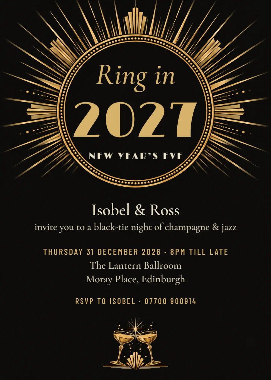 Gilded deco – New Year’s Eve party invitation: printable design preview