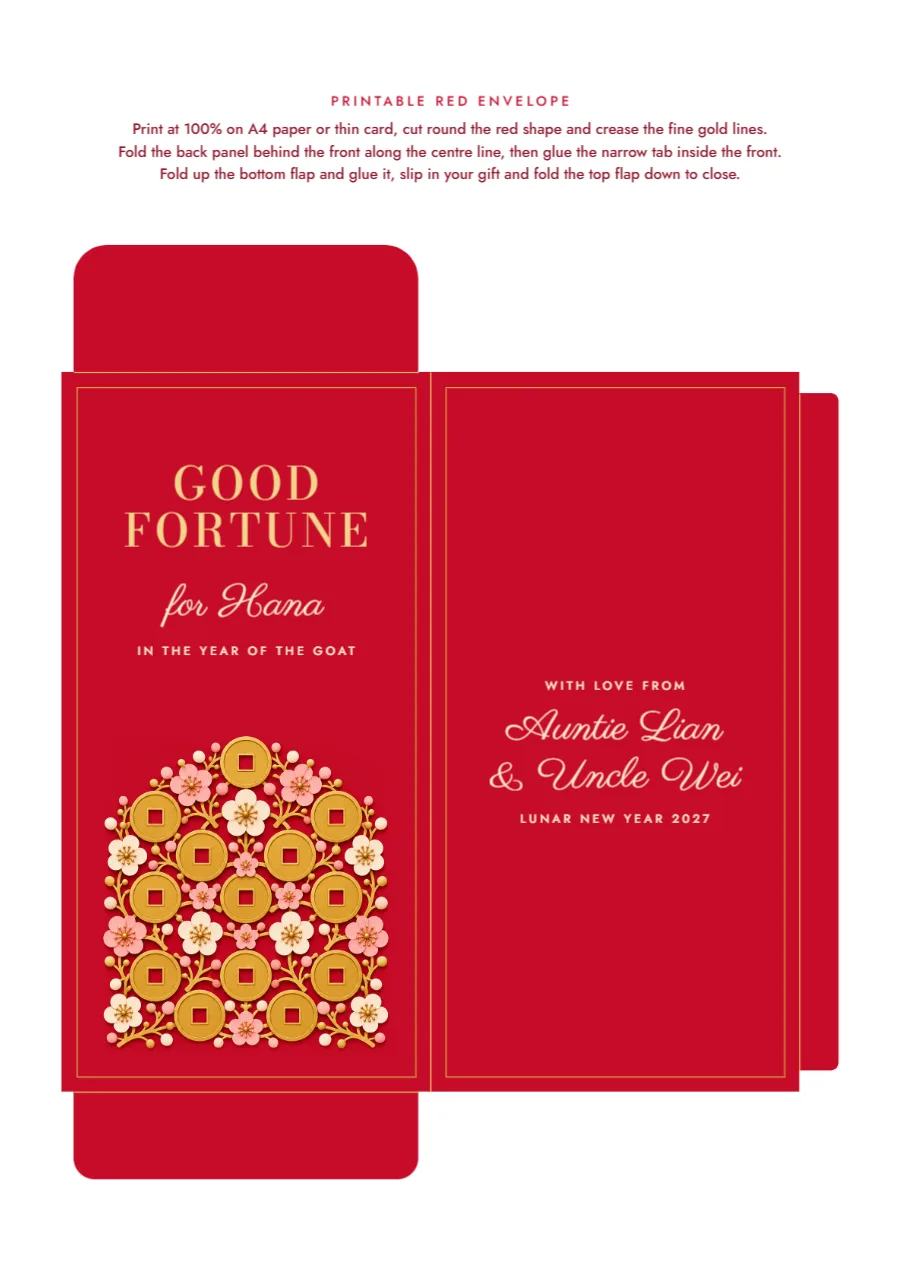 Year of the Goat – Lunar New Year red envelope: printable design preview