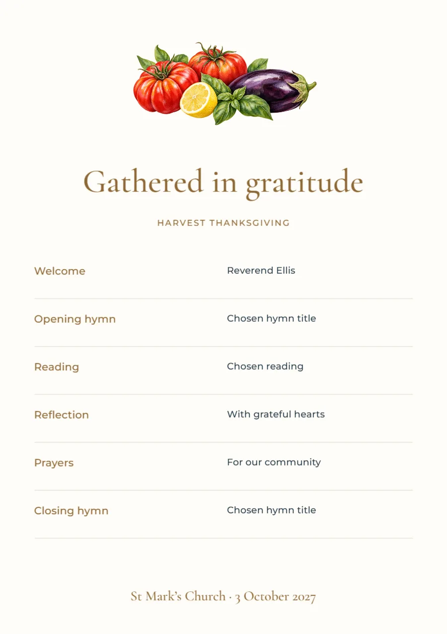 Gathered in gratitude – harvest service card: printable design preview