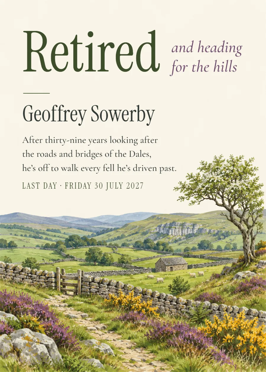 Heading for the hills – retirement announcement: printable design preview