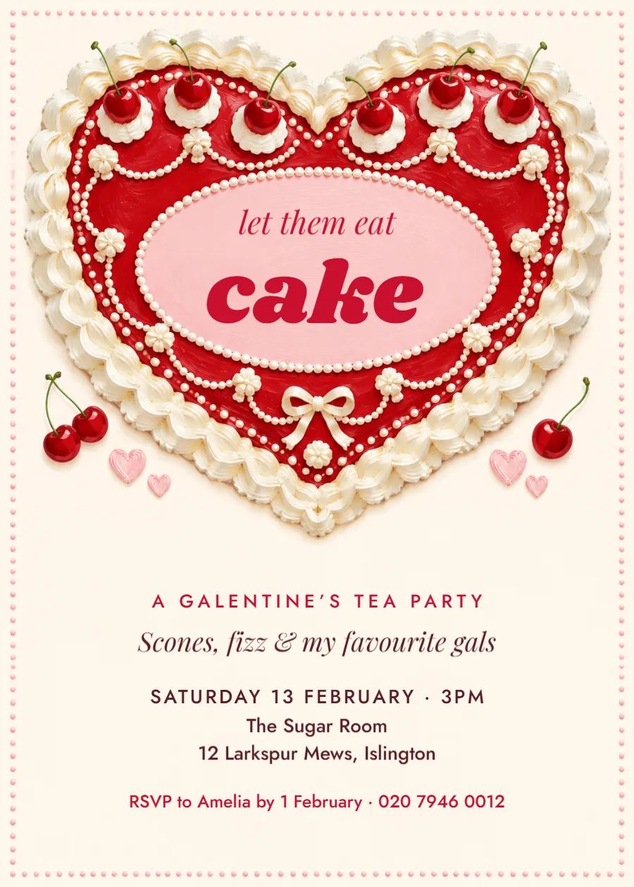 Heart cake club – Galentine’s tea party invitation: printable design preview