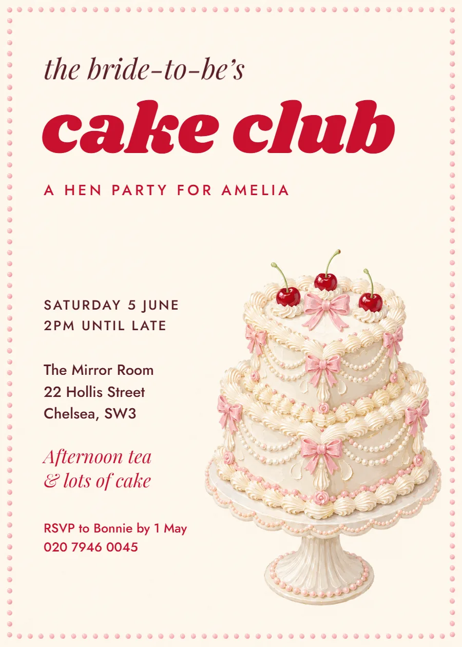 Heart cake club – hen party invitation: printable design preview