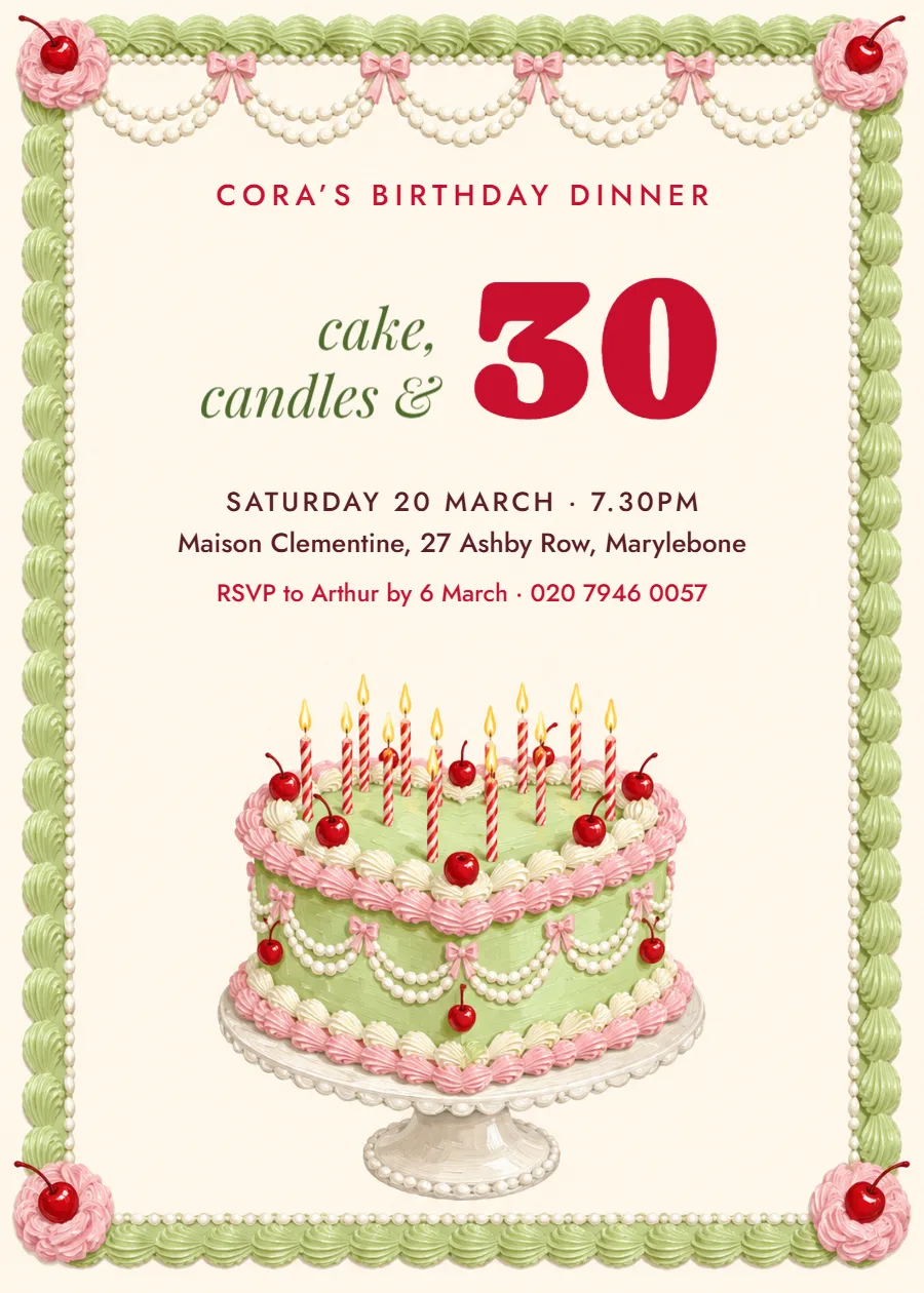 Heart cake club – 30th birthday dinner invitation: printable design preview