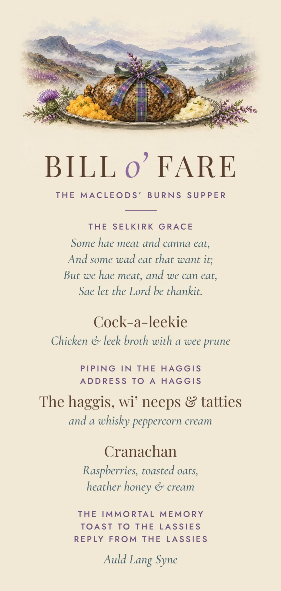 Highland mist – Burns supper Bill o’ Fare menu: printable design preview
