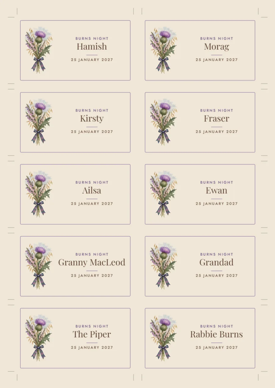 Highland mist – Burns Night place cards: printable design preview