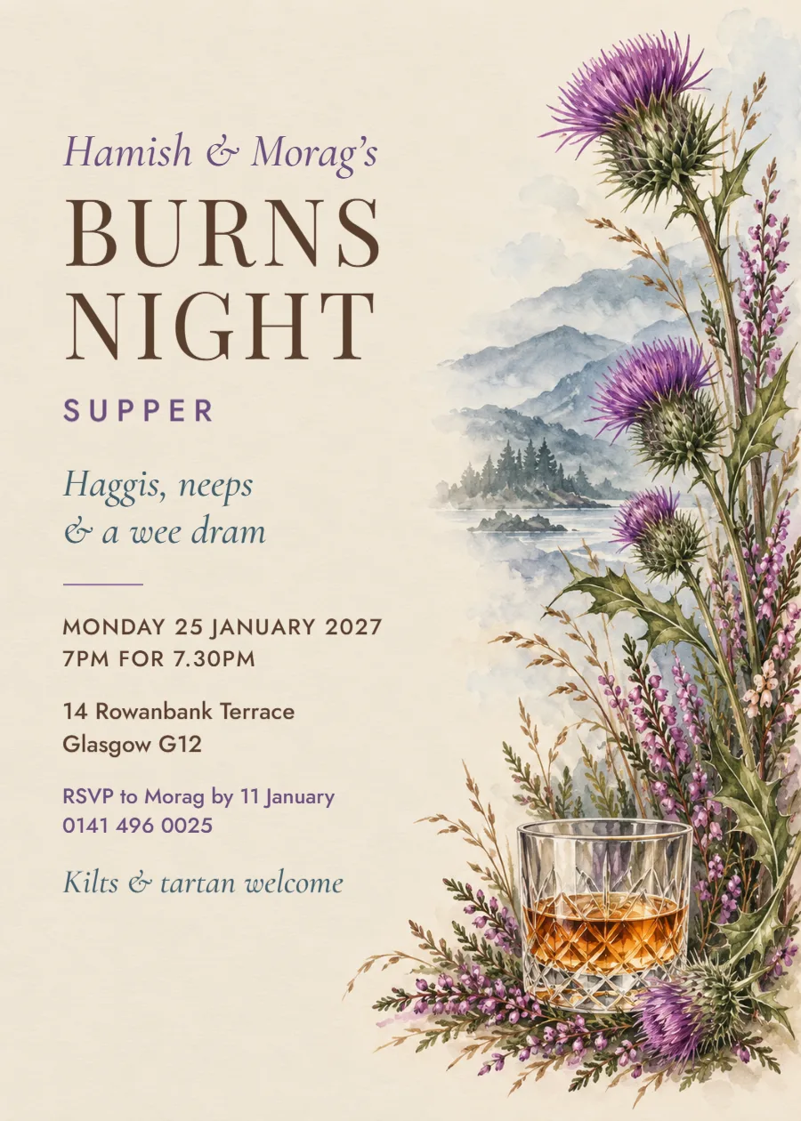 Highland mist – Burns supper invitation: printable design preview
