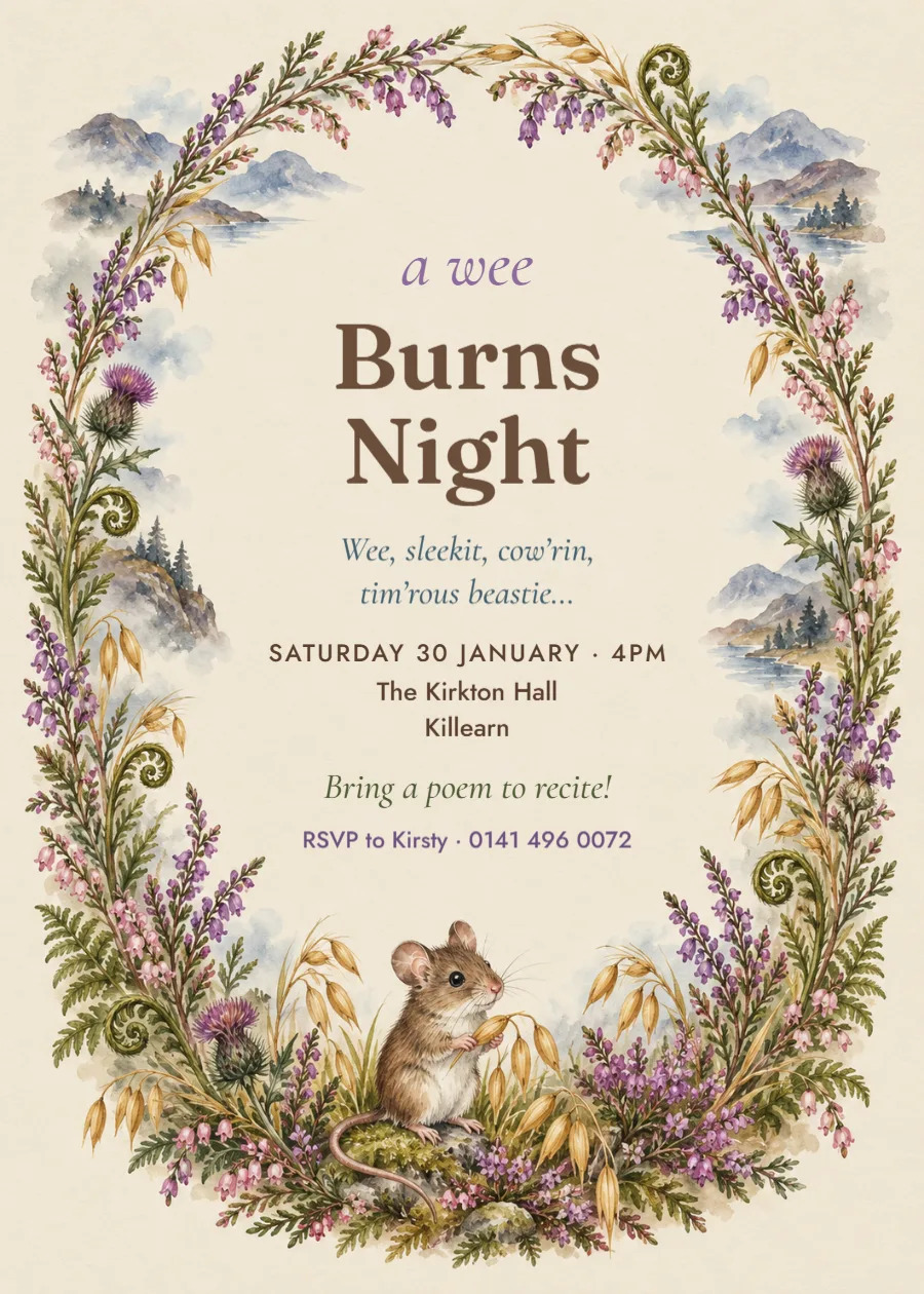 Highland mist – family Burns Night invitation: printable design preview