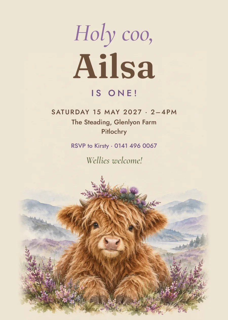 Highland mist – highland cow first birthday invitation: printable design preview