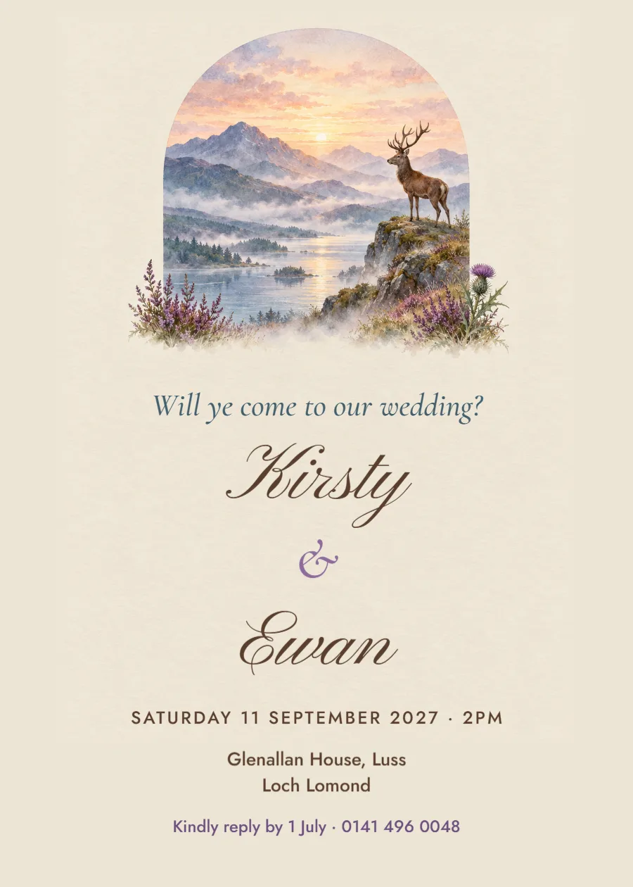 Highland mist – Scottish wedding invitation: printable design preview