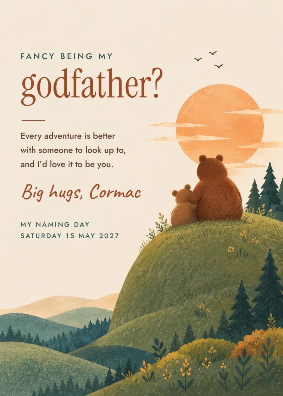 Hilltop bears – godfather proposal card: printable design preview