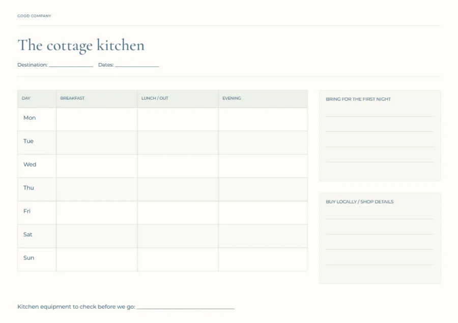 The cottage kitchen – holiday food plan: printable design preview