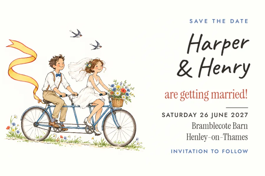 Ink & wash bicycle – save the date postcard: printable design preview