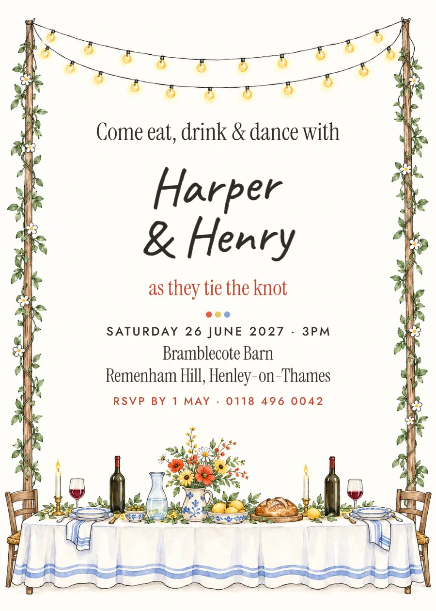 Ink & wash long table – wedding invitation: printable design preview
