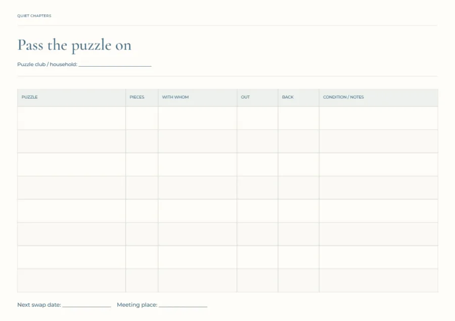 Pass the puzzle on – swap tracker: printable design preview