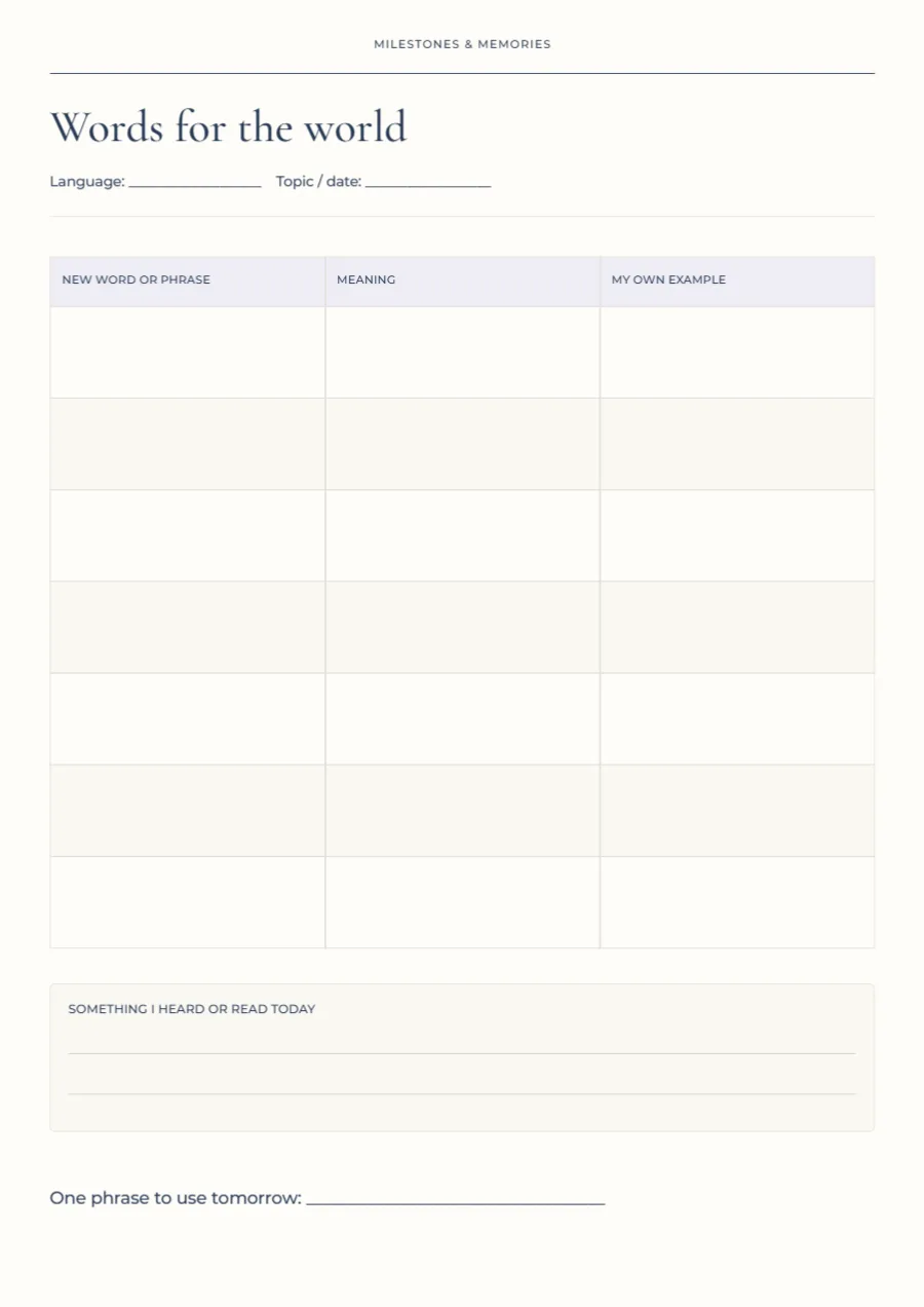 Words for the world – language journal: printable design preview