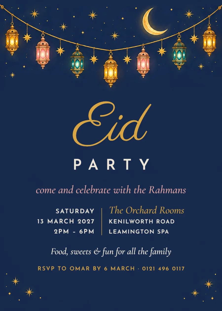 Lanterns & crescent – Eid party invitation: printable design preview