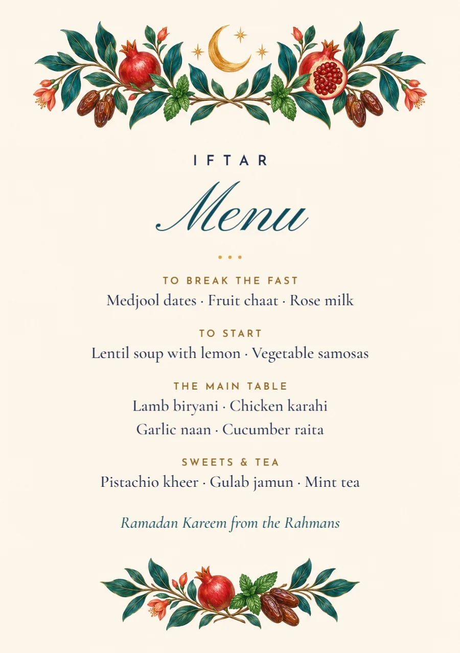 Lanterns & crescent – iftar menu: printable design preview