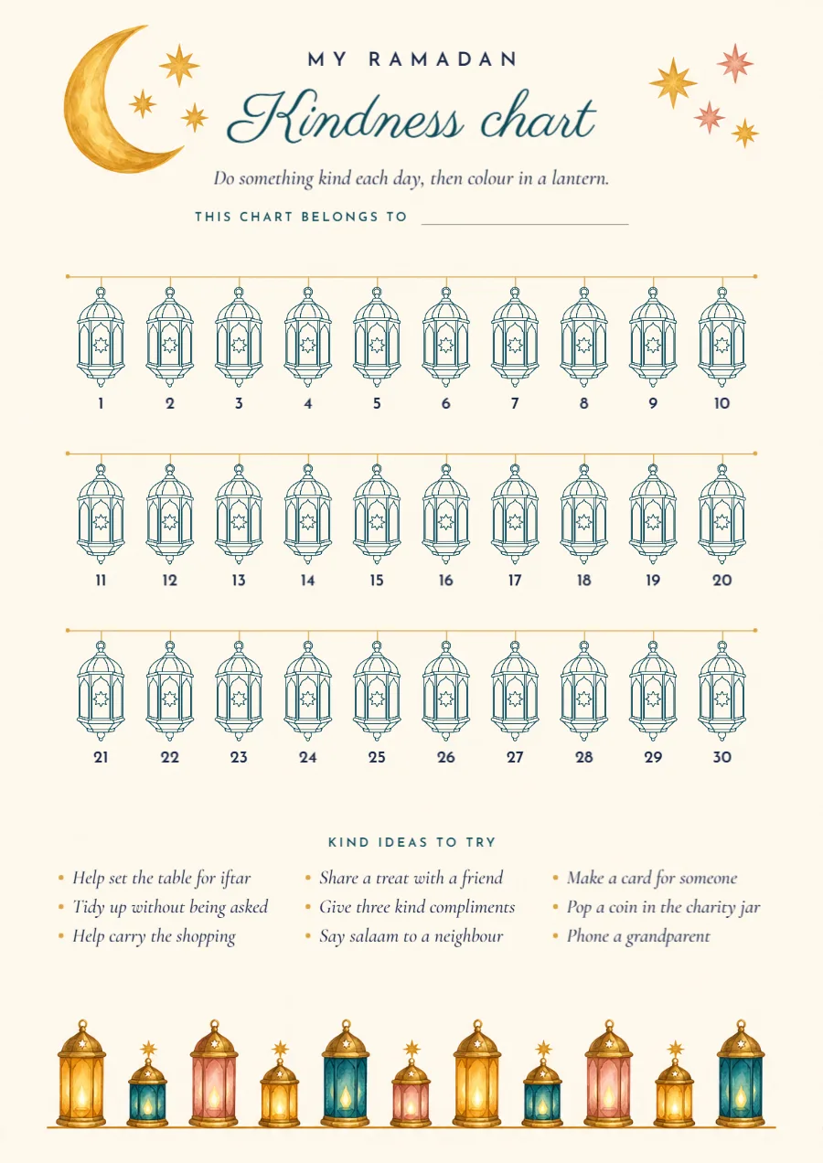Lanterns & crescent – Ramadan kindness chart: printable design preview