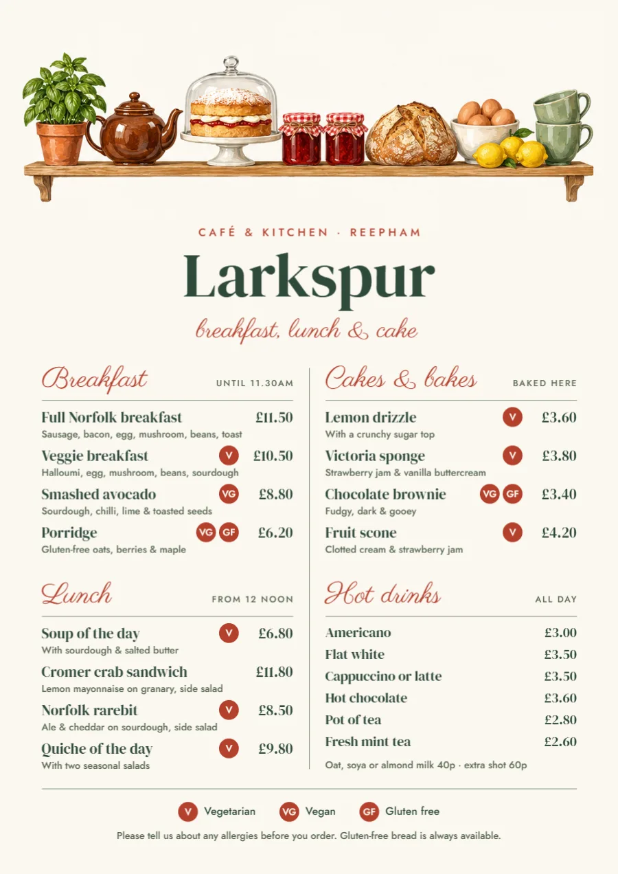 Larkspur – café menu with food and drinks: printable design preview