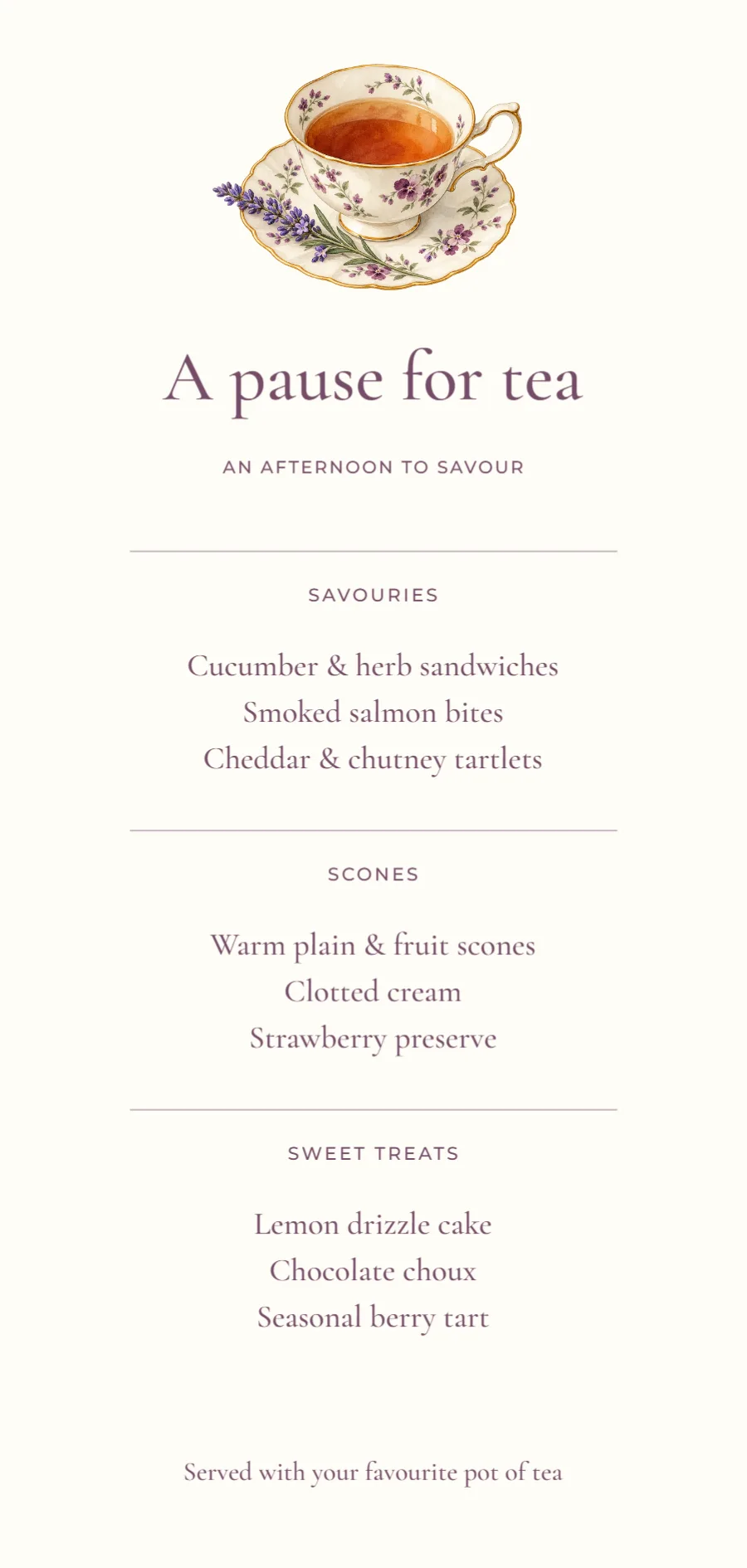 A pause for tea – afternoon tea menu: printable design preview