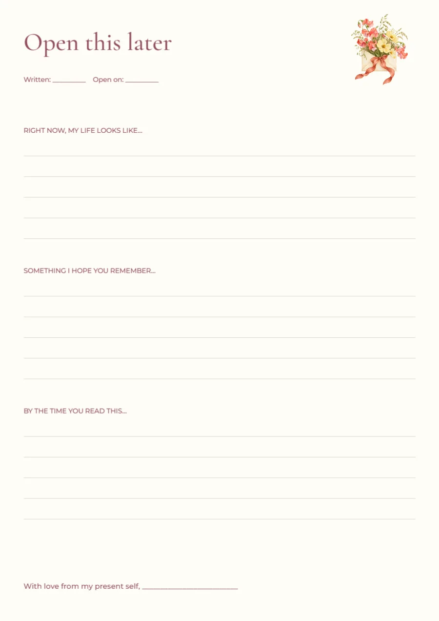 Open this later – letter to my future self: printable design preview
