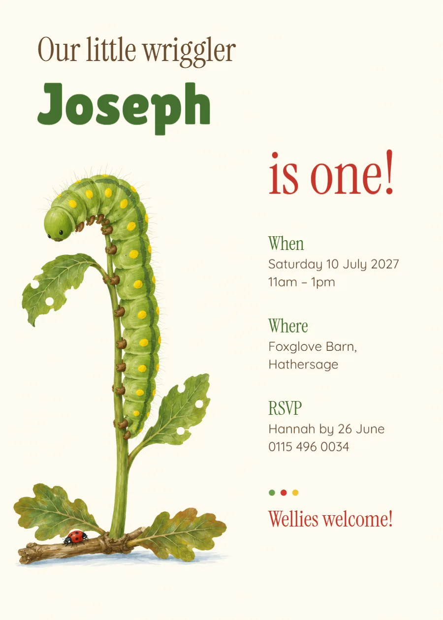 Little wriggler – caterpillar 1st birthday invitation: printable design preview