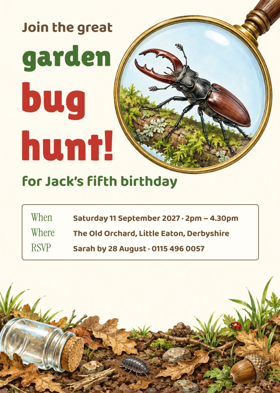 Great garden bug hunt – fifth birthday invitation: printable design preview