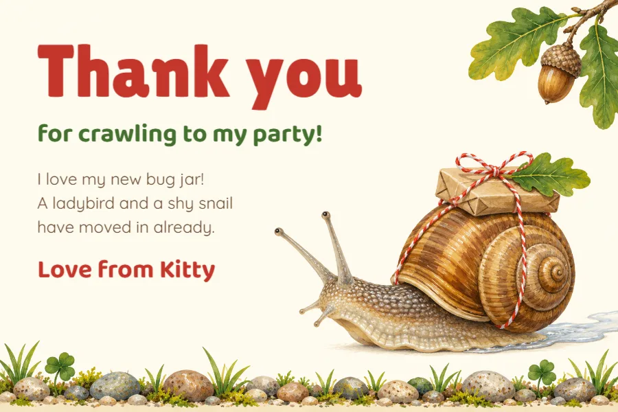 Thank you for crawling – snail thank-you postcard: printable design preview