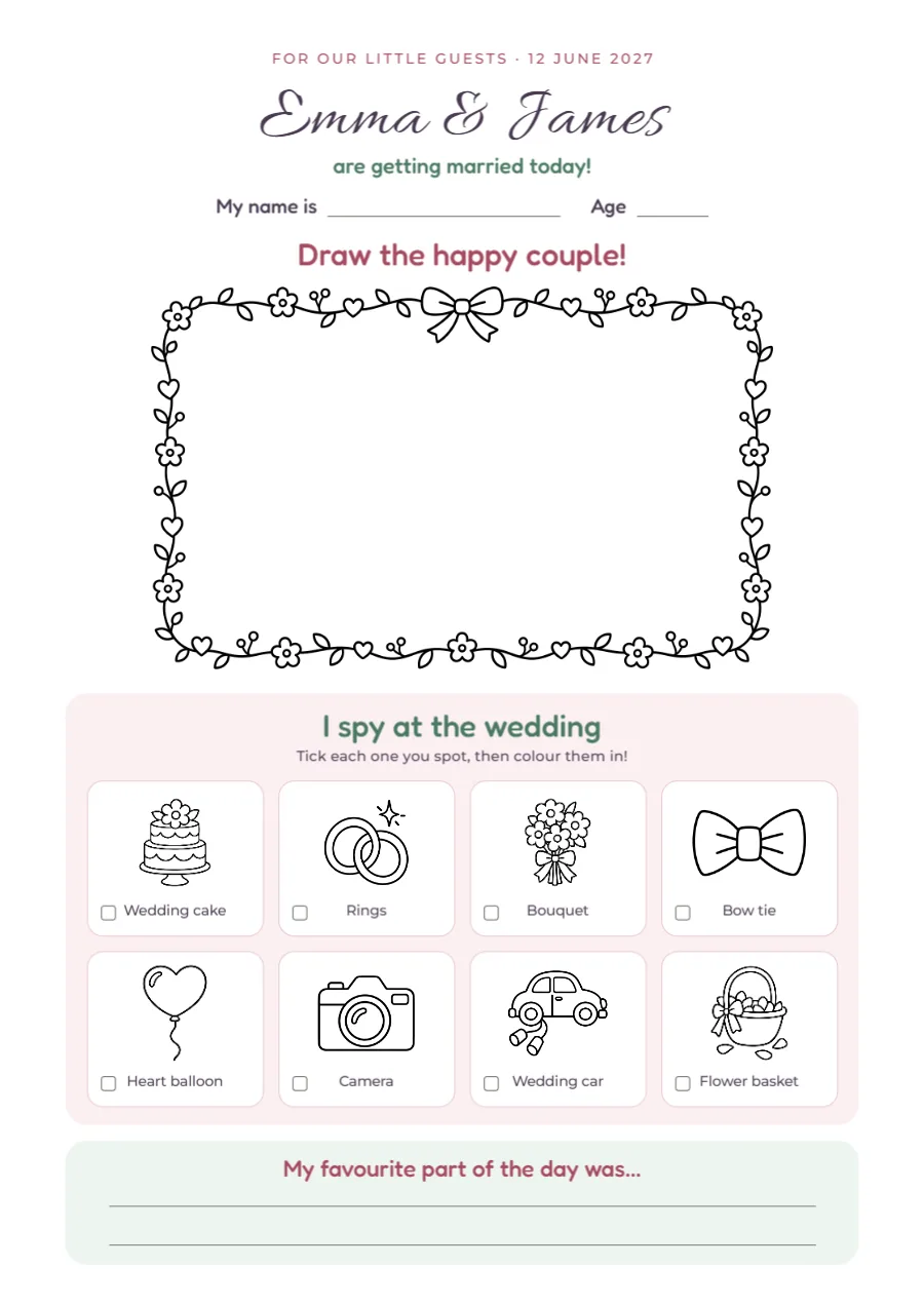 Little guests – wedding activity sheet: printable design preview