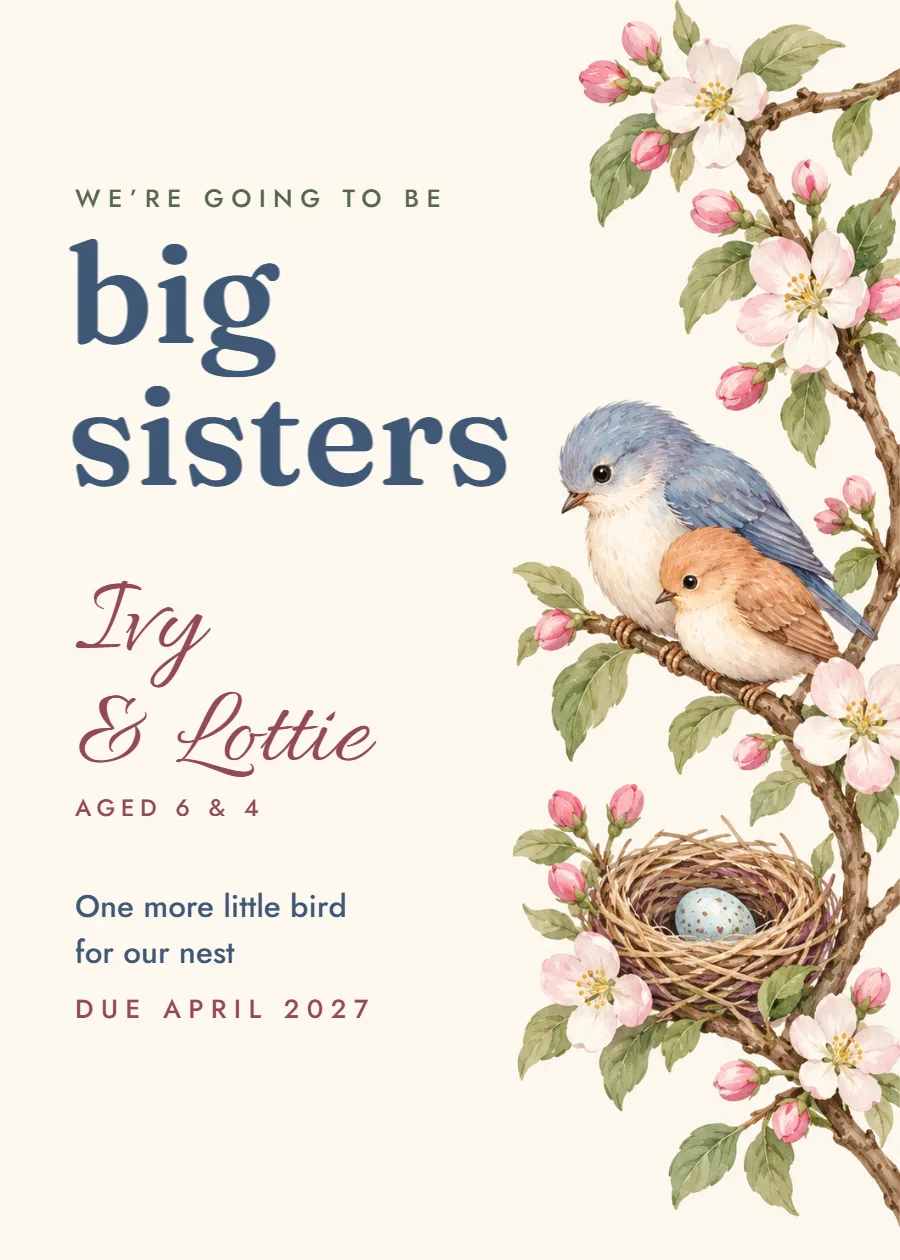 Little nest – big sisters pregnancy announcement: printable design preview