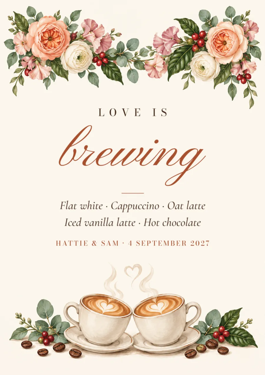 Love is brewing – wedding coffee bar sign: printable design preview