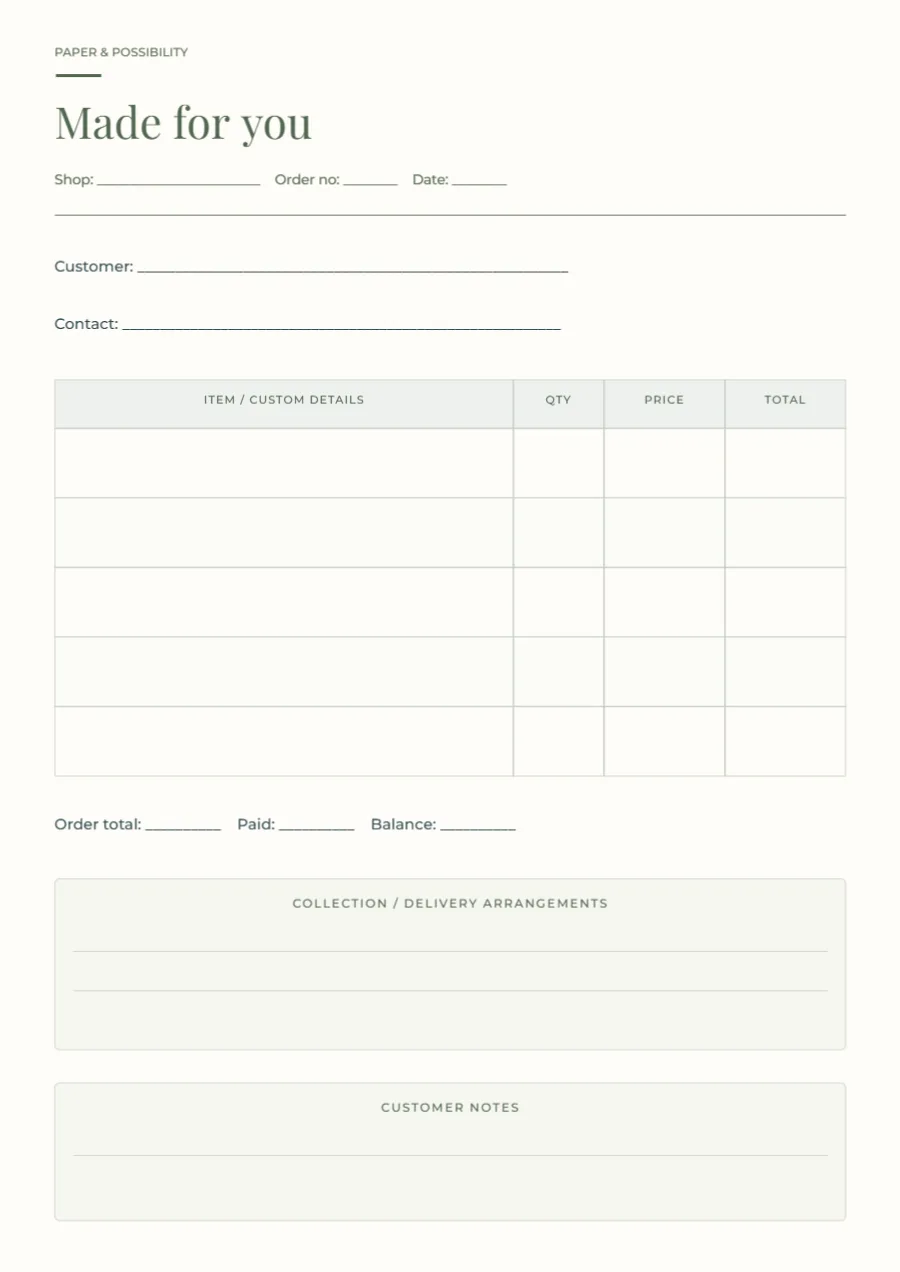 Made for you – market order form: printable design preview