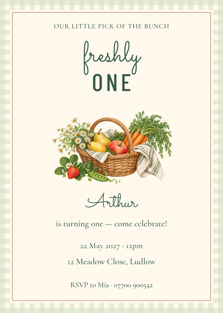 Market Morning – first birthday invitation: printable design preview