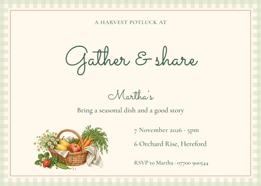 Market Morning – harvest potluck postcard: printable design preview