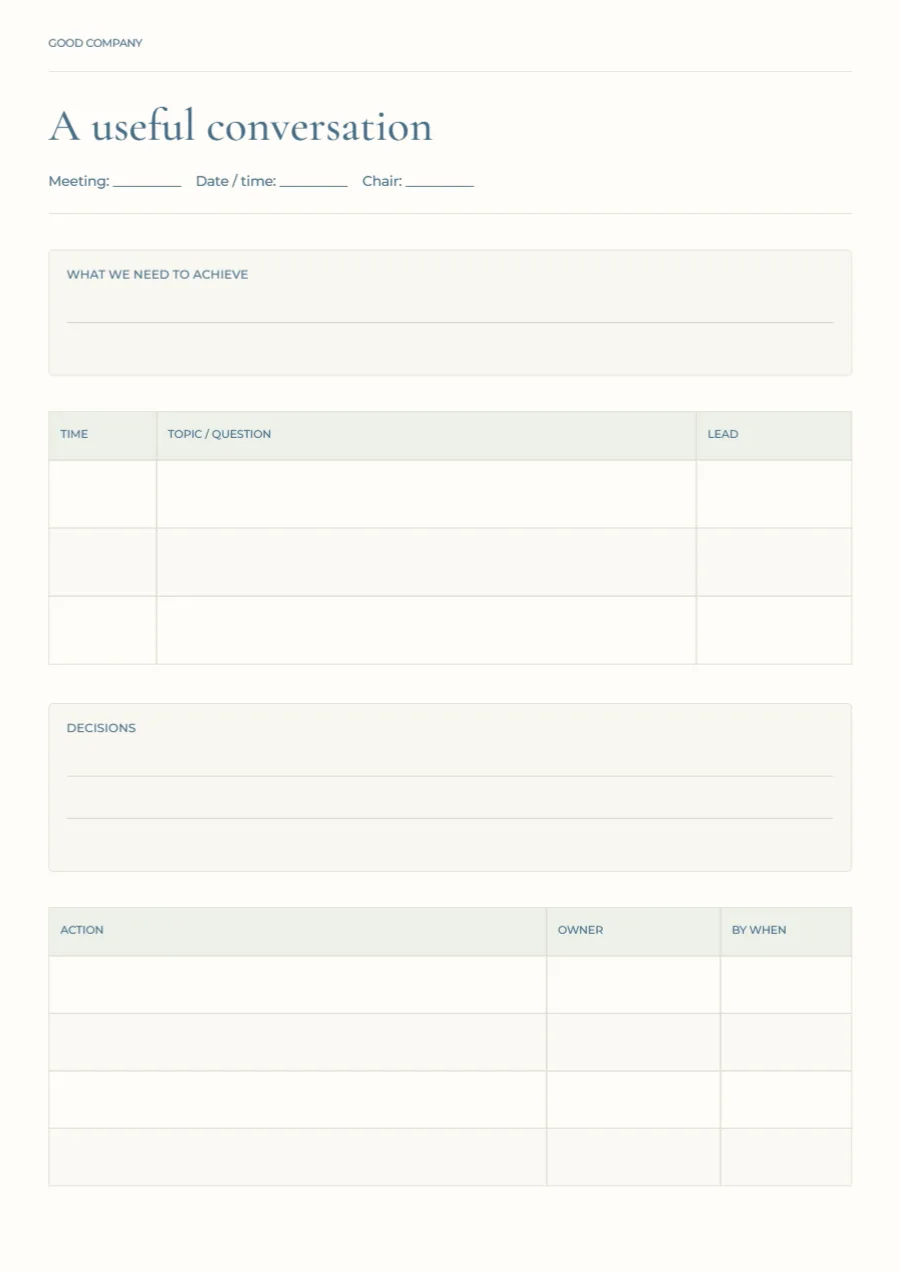 A useful conversation – meeting planner: printable design preview