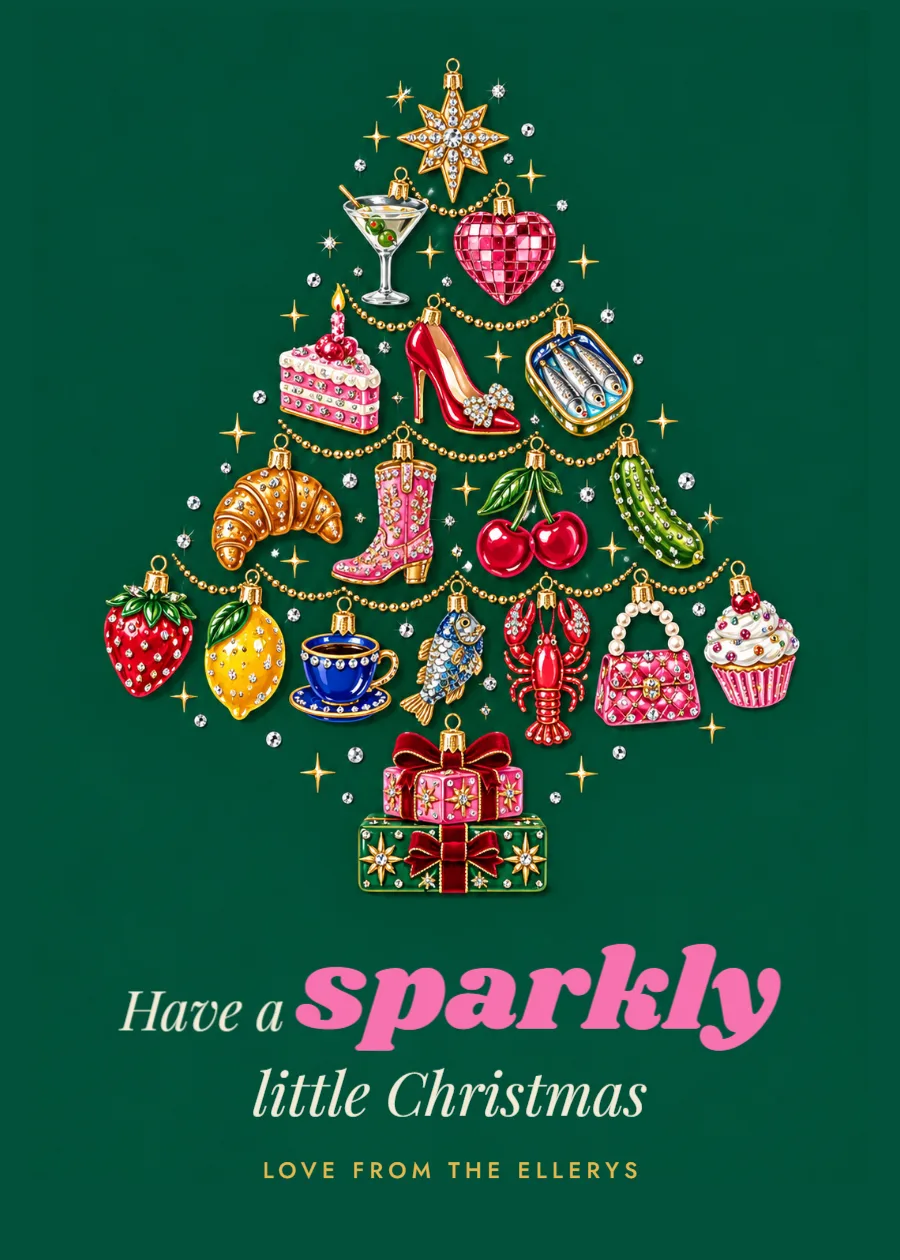 Merry & bejewelled – bauble tree Christmas card: printable design preview