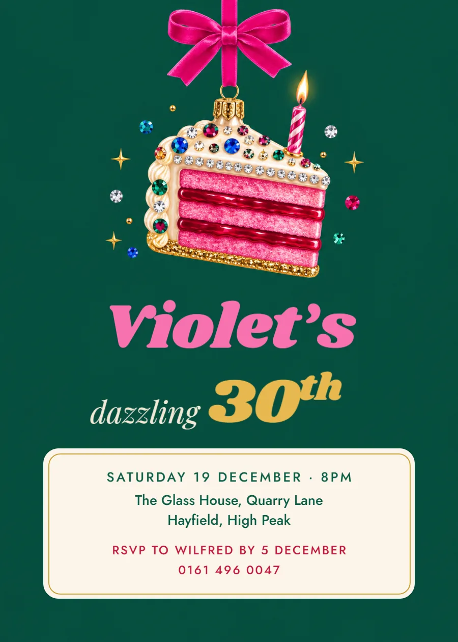 Merry & bejewelled – December 30th birthday invitation: printable design preview