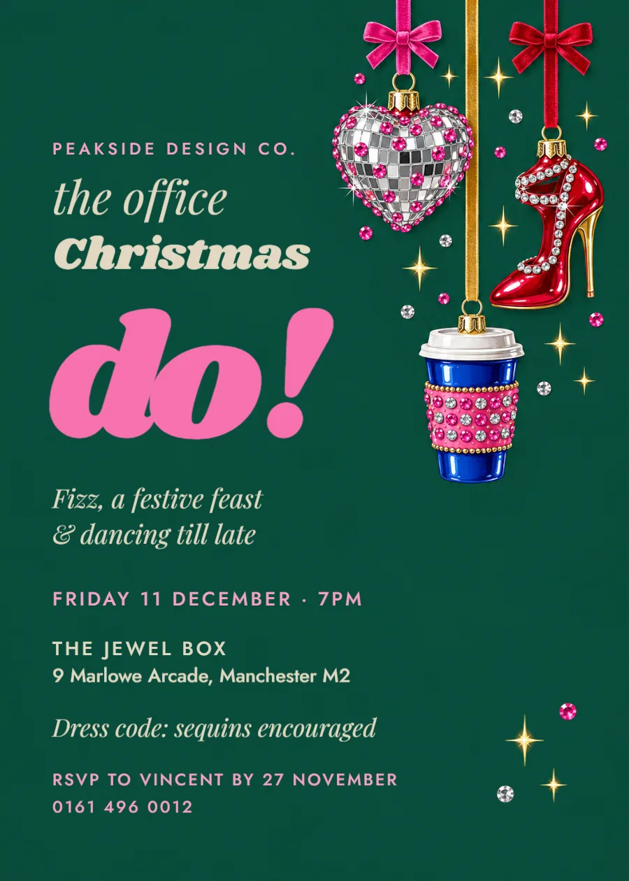 Merry & bejewelled – office Christmas party invitation: printable design preview