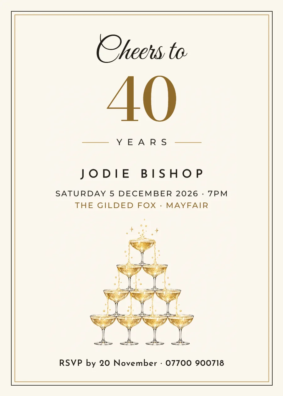 Champagne tower – 40th birthday invitation: printable design preview