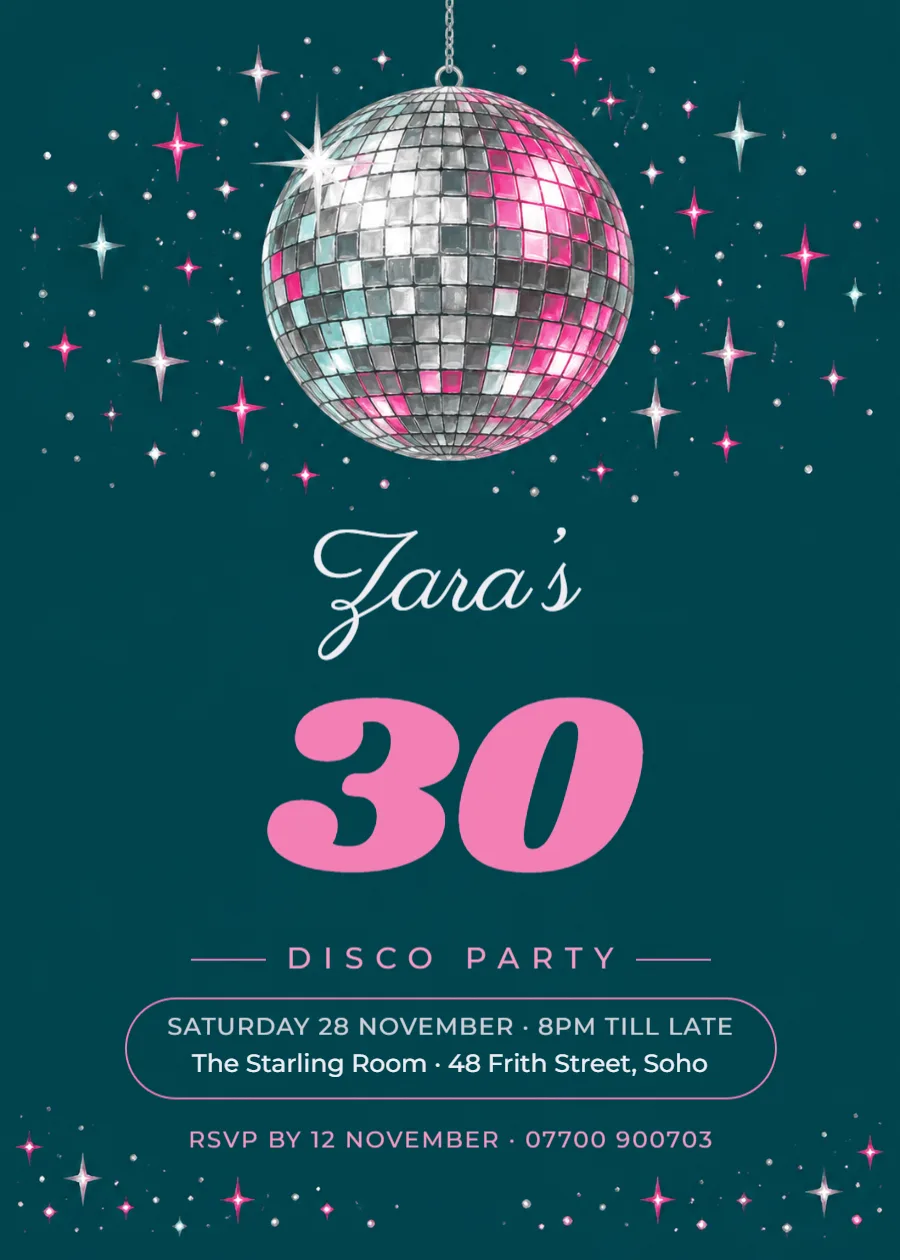 Disco ball – 30th birthday invitation: printable design preview