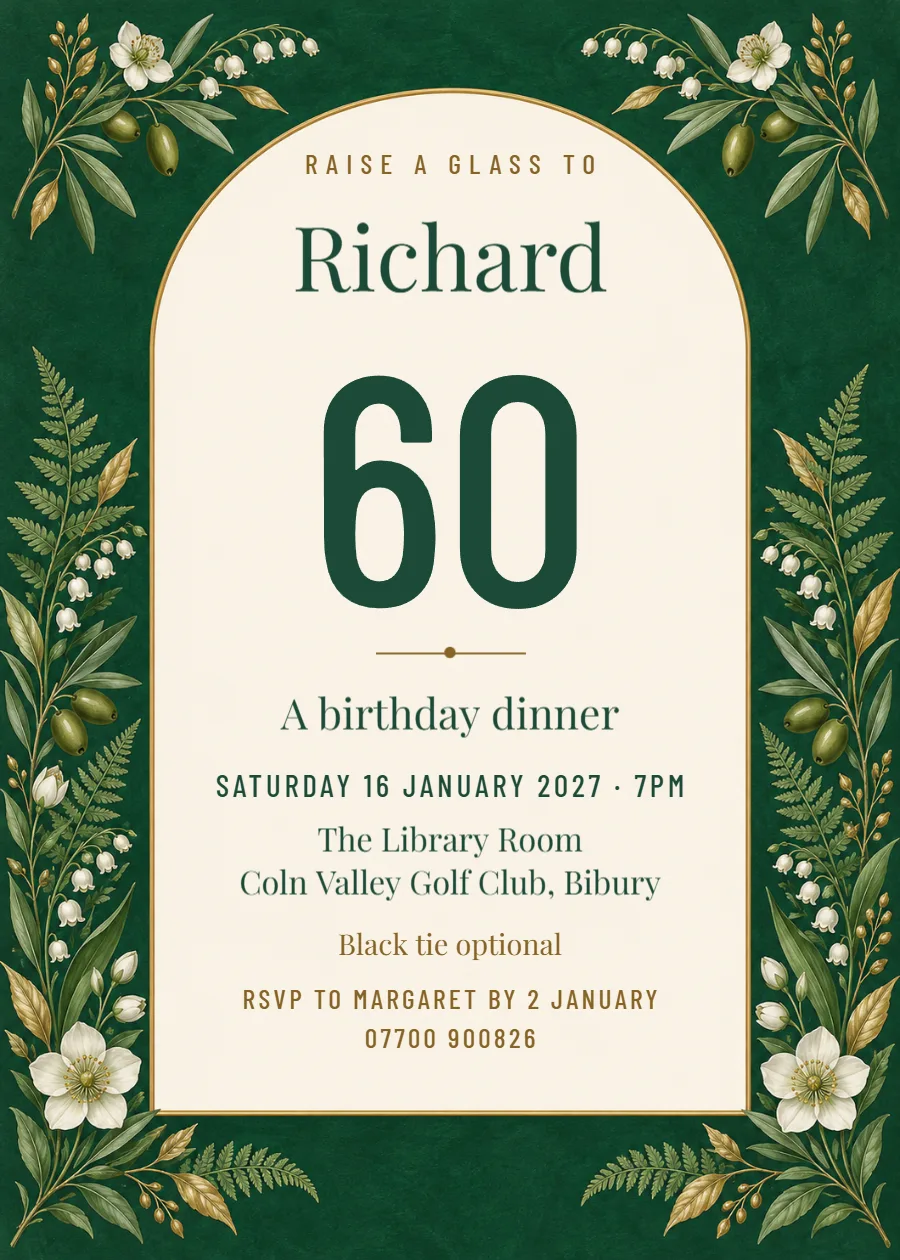 Emerald botanical – 60th birthday dinner invitation: printable design preview