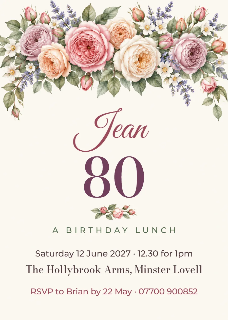 Garden roses – 80th birthday lunch invitation: printable design preview