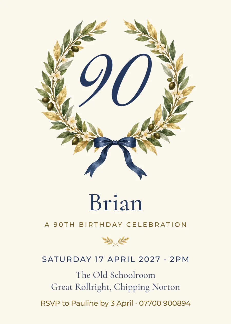 Gilded laurel – 90th birthday celebration invitation: printable design preview