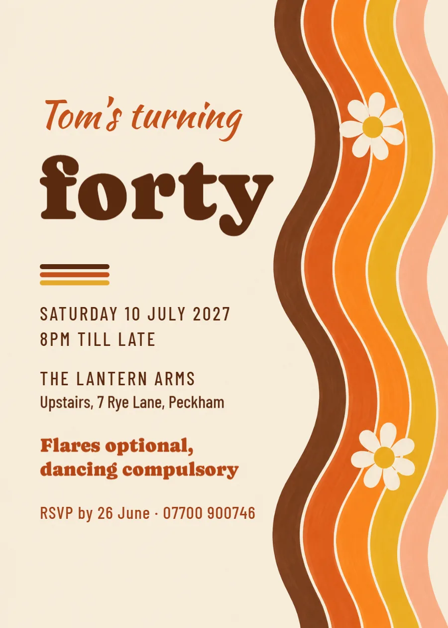 Groovy seventies – 40th birthday invitation: printable design preview