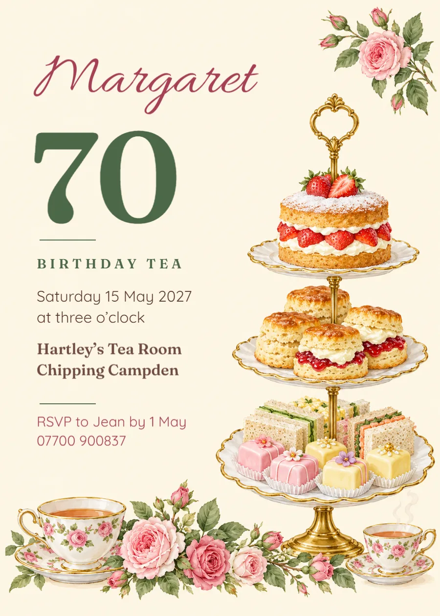 Rose tea – 70th birthday afternoon tea invitation: printable design preview