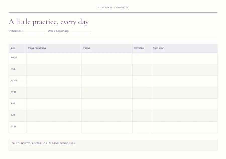 A little practice, every day – music log: printable design preview