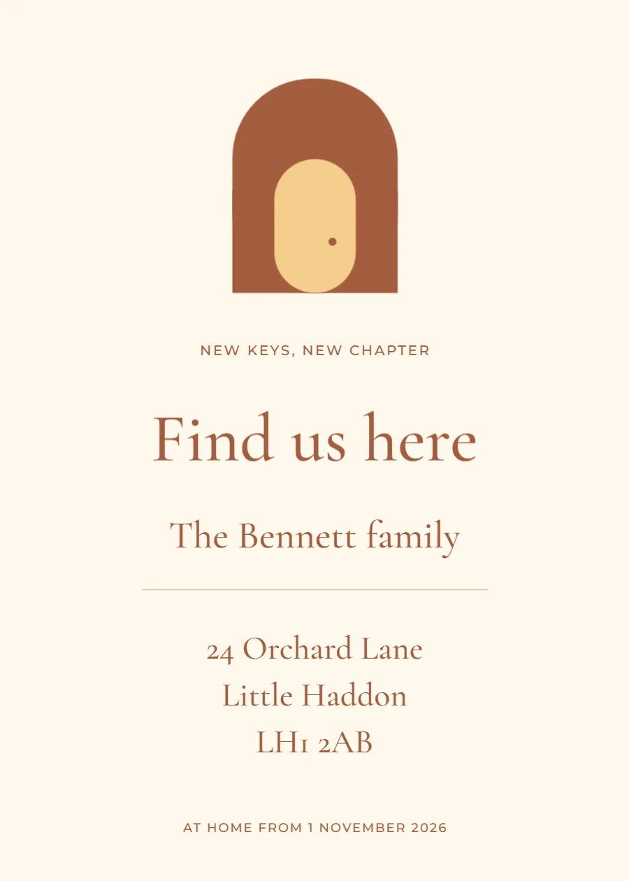 Find us here – new address card: printable design preview