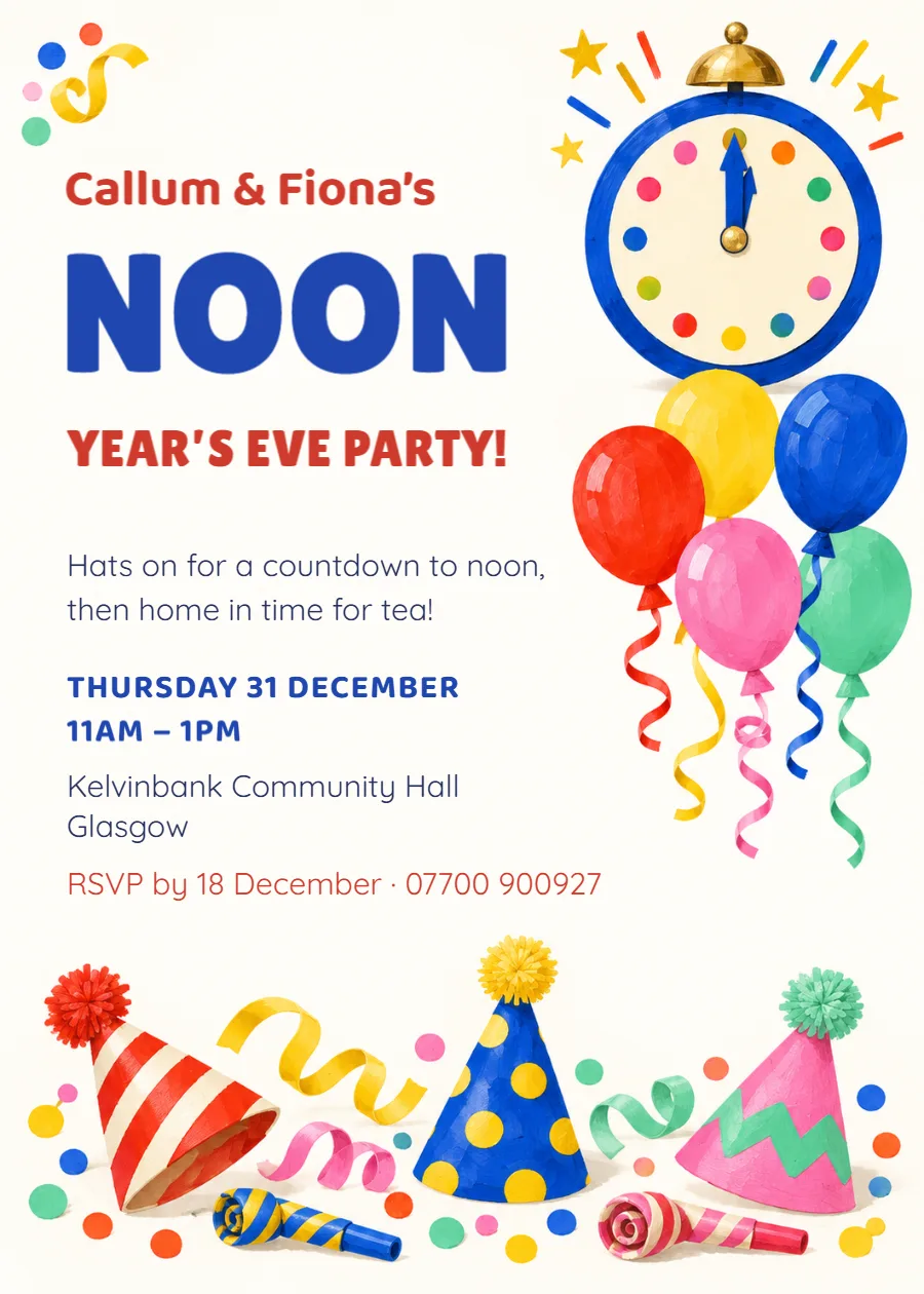 Noon Year’s Eve – children’s New Year party invitation: printable design preview