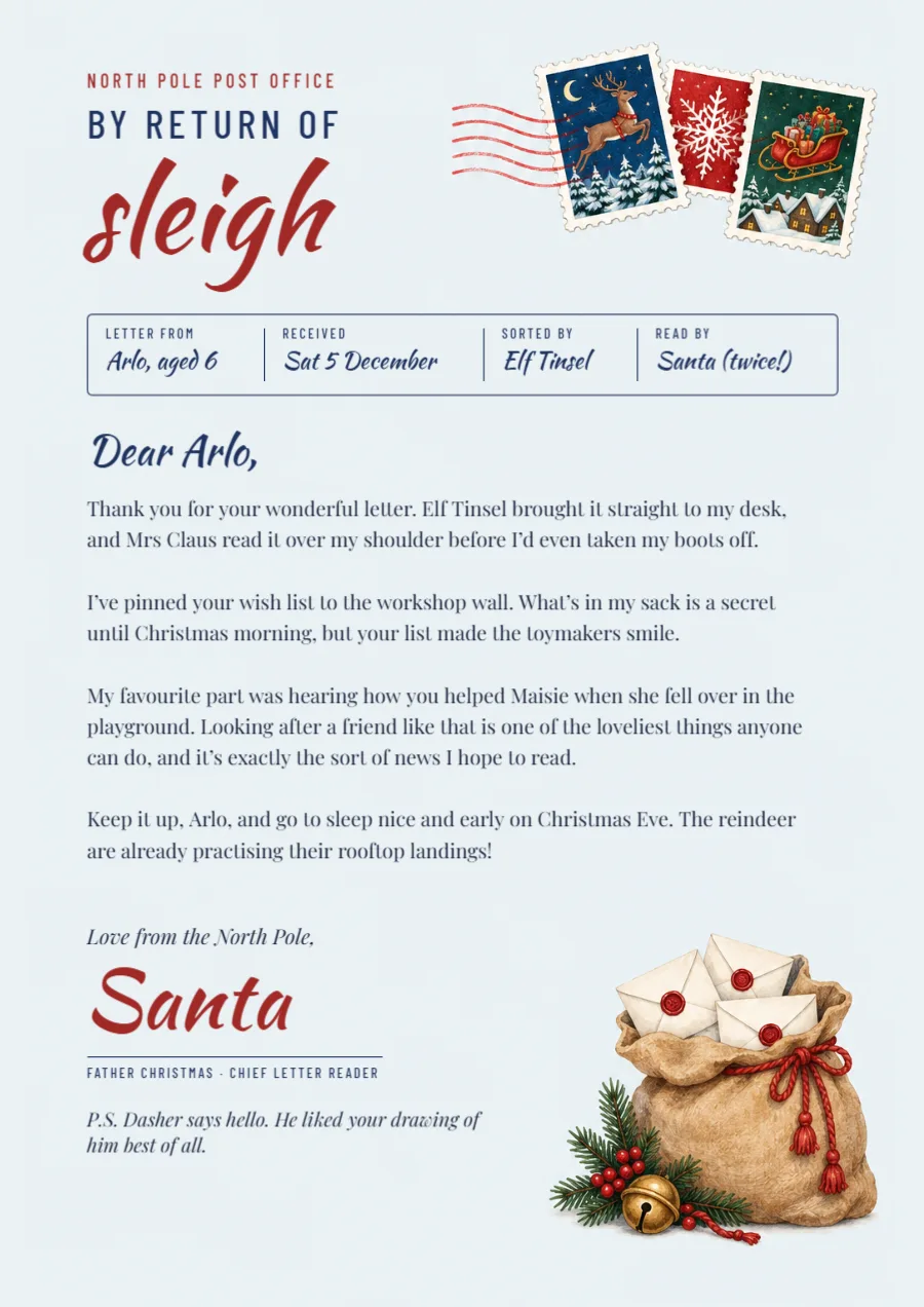 North Pole post – reply letter from Santa: printable design preview